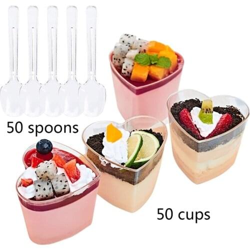 50-piece plastic heart-shaped dessert cup with spoon mousse pudding appetizer cup disposable parfait bowl kitchen supplies