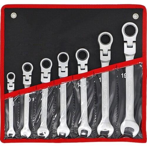 7pcs 8-19mm Flexible Head Ratchet Wrench Set Quick Reversible Ratchet Spanner CR-V Combination Car Wrenches Auto Repair Tools