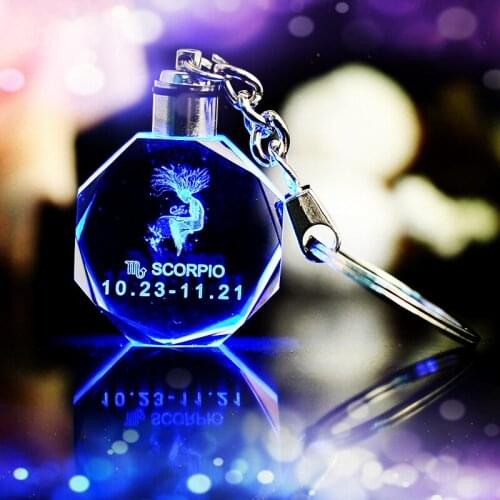 Activity wholesale price 100pcs Laser Engraved Crystal trinket Zodiac chaveiro llaveros mujer LED Changing Porte glass craft