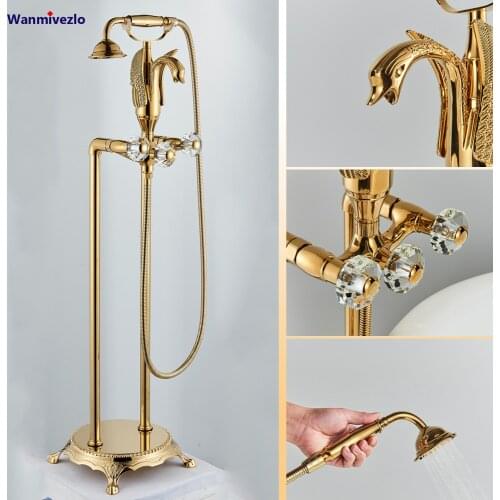 Antique Brass Bathtub Shower Faucet Floor Standing Bath Tub Spout Shower Dual Handle Mixer Tap Bathroom Faucet With HandShower