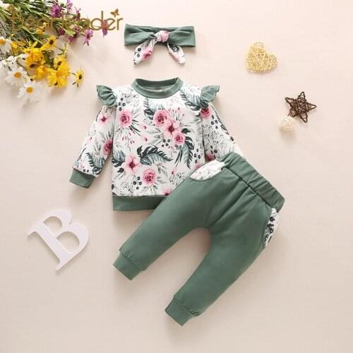 Bear Leader 3Pcs Newborn Baby Girl Clothes Set Floral Pattern Long Sleeve T-shirt Casual Pants Headband Infant Clothing Outfits