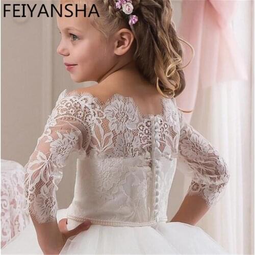 Princess 2020 White Off Shoulder Flower Girl Dresses for Wedding Lace Long Sleeves Girls Birthday Gown First Communion Dress
