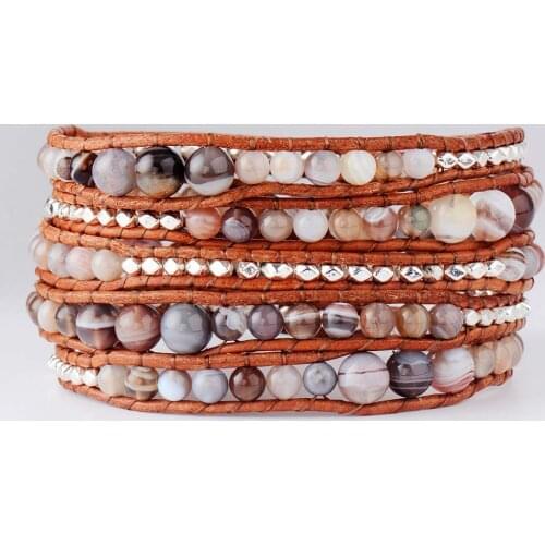 Botswana Bracelet Natural Stone Silver Plated Beads 5 Strands Leather Rope Bracelets Exclusive Bohemia Wrap Bracelet