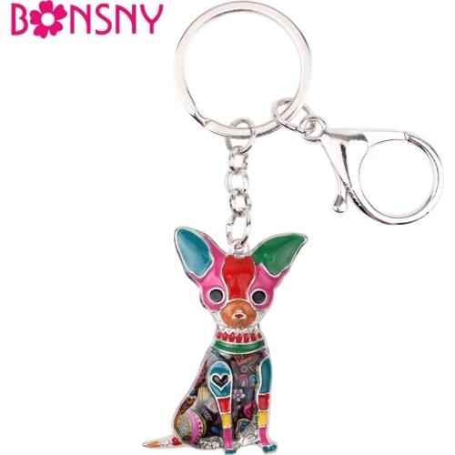 Bonsny Enamel Alloy Sitting Chihuahuas Dog Key Chain Keychain Rings Gifts For Women Girls Bag Car Pendant Fashion Animal Jewelry