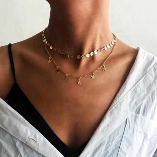 Simple Alloy Stars Tassel Clavicle Chain Sequins Choker Necklace for Women 2020 Fashion Jewelry Layered Necklaces Gold Color