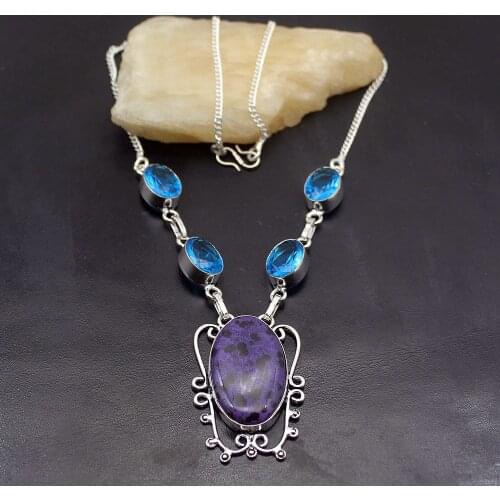 Hermosa Origin Stone Natural DalmatianJasper BlueTopaz Silver Color Chain Necklace 18 inch A391 Free Shipping