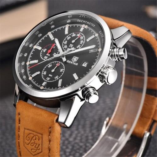 BENYAR Top Brand Sports Mens Watch Luxury Mens Leather Waterproof Chronograph Quartz Military Watch Mens Clock montre homme