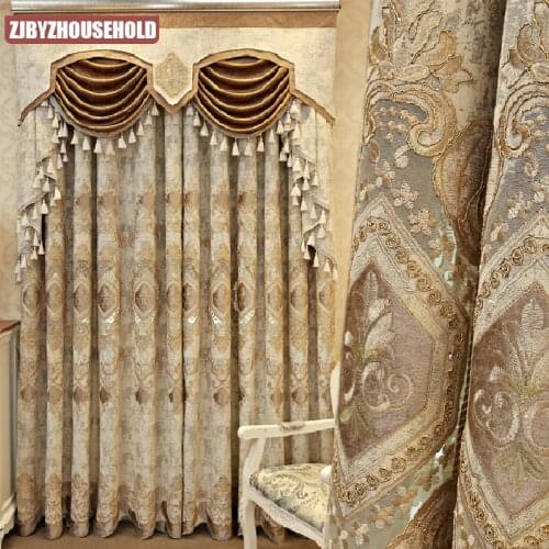 European and American Style Luxury High Quality Elegant Beige Chenille Embroidered Blackout Curtains for Living Room Bedroom