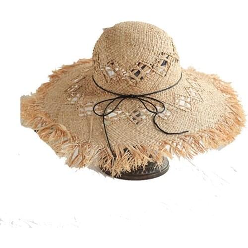H7785 Lady Width Brim Straw Raffia Hats Womens Beach Large Brimmed Sun Caps Sunbonnet Travel Seaside Summer Hat Straw Caps