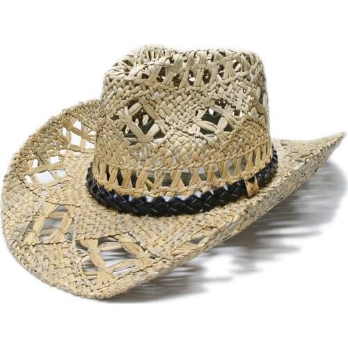 LUCKYLIANJI Womens Mens Unisexs Original Color Wide Brim Straw Sun Beach Western Cowboy Hat Rivet Braid Leather Band (58cm)