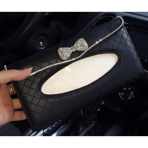 Cute Bow Crystal Car Tissue Box Towel Set Sun Visor Tissue Box Holder Hanging Bag Auto Interior Storage Decor Car Accessories