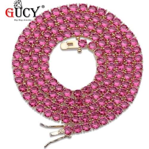 GUCY 4mm Hip Hop Iced Out Necklace Gold Silver Color Plated Micro Pave Red Blue Cubic Zircon Stones 1 Row Tennis Chain Necklaces