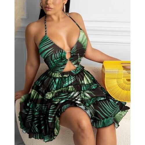 2021 New Arrival Famous Brand Dress Print Ruffles Spaghetti Strap Summer Beach Bodycon Mini Dress Vestidos