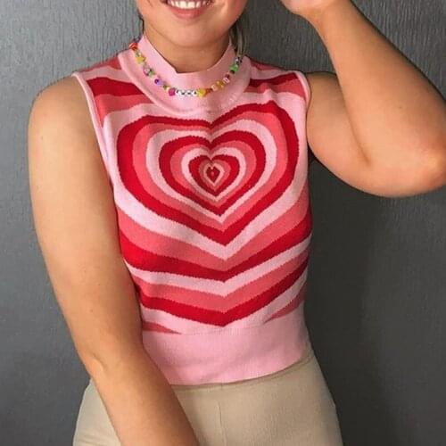 Crop Tops Casual New Heart Sleeveless Knitted Sweater Vest Summer Pink 90s Pullover Knitwear Fashion Y2k Harajuku Streetwear
