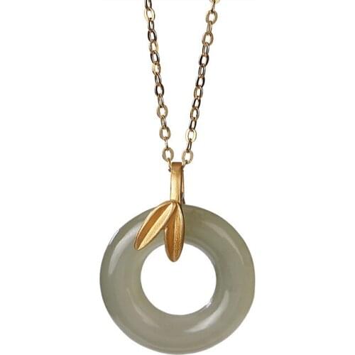 S925 sterling silver gold-plated natural Hetian gray jade pendant retro simple bamboo leaf peace buckle womens pendant