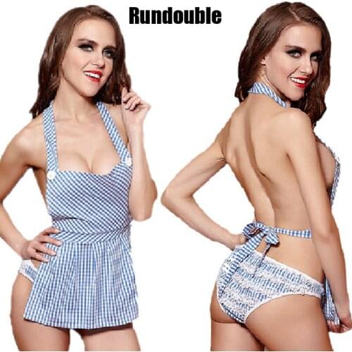 Sexy Women Uniform Sleeveless Lattice Printed Backless Lingerie Hot Tempting Belly Bag Sling Maid Sex Suit Role Play Costumes