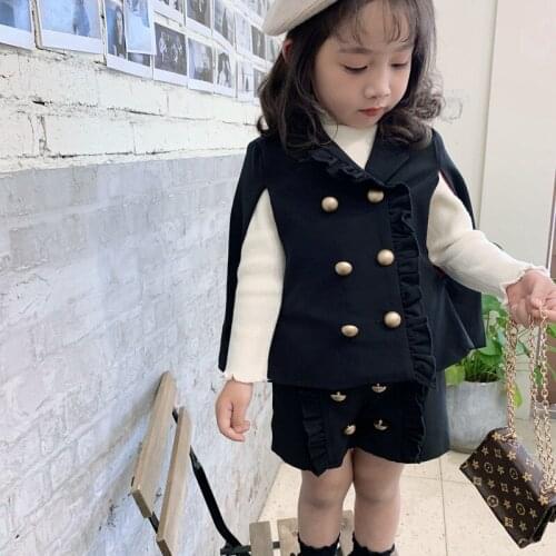 Spring Autumn Kids Girls Clothes 2 Piece Sets Double Breasted Shawl Cloak Jackets+Shorts Toddler Girls Clothes Outfits 24M-8T