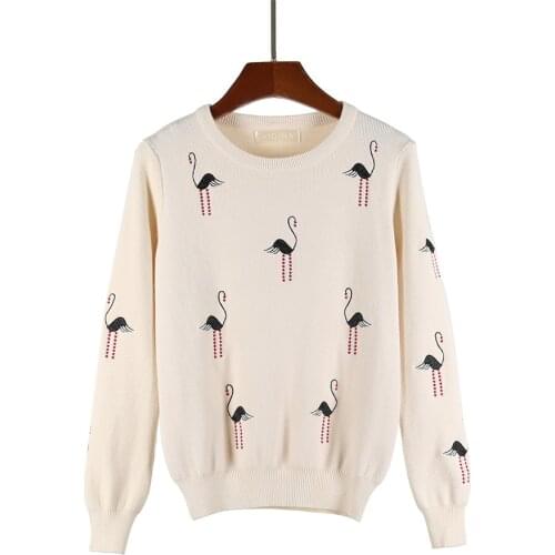 HLBCBG White Crane Embroidery Sweater Round Neck Fashion Pullover Loose Casual Long-sleeved Bottoming Tops Women Clothing