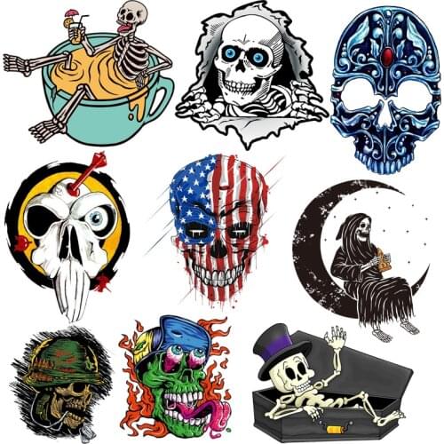 Punk Iron-On Transfers Skeleton Thermal Stickers Skull Heat Vinyl Transfer For Clothes Appliques For Washable T-shirt