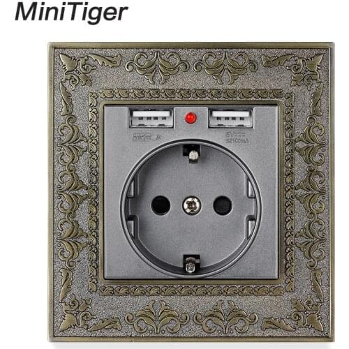 Minitiger Zinc Alloy High-end Retro Panel 16A Gray EU Standard Power Wall Socket With Dual USB 2.1A Charging Port Embossed Panel