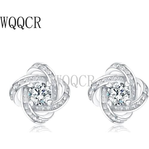 WQQCR New Pop Style 925 Sterling Silver Color 925 High Quality Zircon White Luxury Daily Wear Silver Color Ear Stud Earrings