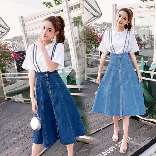 Women Denim Jupe Jeans Blue Strap Braces Suspenders Skirt Preppy Style Single-breasted Cross Split High Waist Tent A-line Skirt