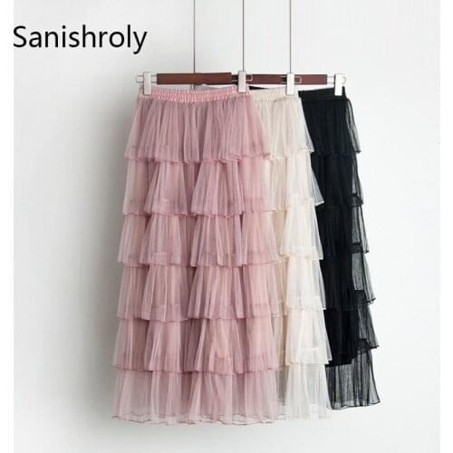 Sanishroly 2018 Spring Summer Women Mesh Skirt Elastic High Waist Lace Cake Skirts Female Ruffled Long Pleated Skirt Saia SE025