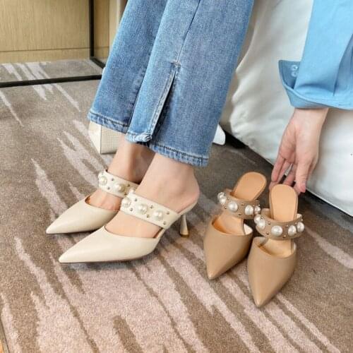 Spring genuine leather women heel mules pearl rivet pointed toe slippers