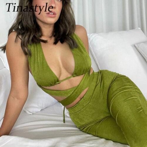 Tinastyle Two Piece Set Outfits Women Sleeveless Bandage Summer Crop Top Women High Waist Wide Leg Pants Casual Club Tracksuits