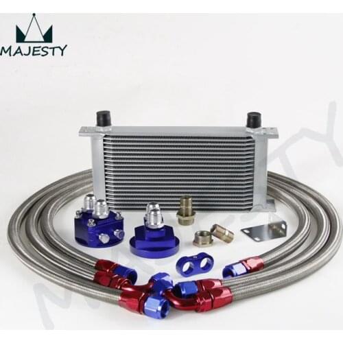 19 ROW AN-10AN UNIVERSAL ENGINE TRANSMISSION OIL COOLER 19 ROWS BRITISH TYPE SILVER+ FILTER RELOCATION KIT blue