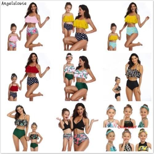 2019 Mother Daughter matching Swimsuit Clothes Printing piece double lotus leaf Parent-Child Swimwear Family Matching Outfits