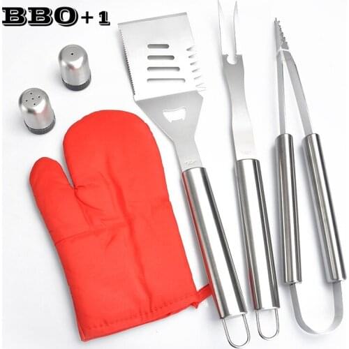 6PCS/Set Portable Stainless Steel BBQ Grill Set Barbecue Accessories Fork Shovel Tongs Glove Pepper Shaker Tool Utensils Outdoor