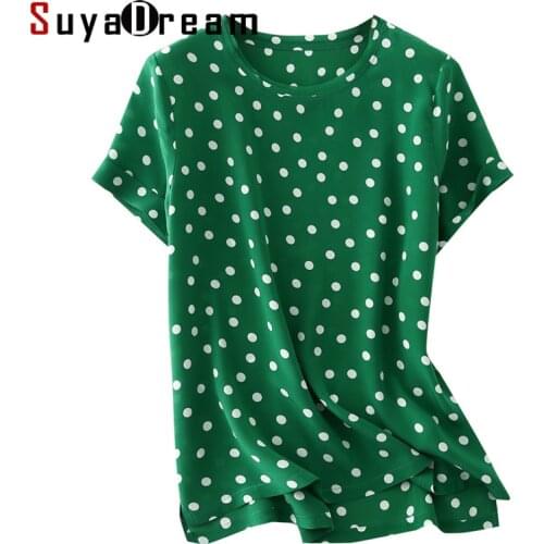 SuyaDream Women Green T Shirt 100%Silk Crepe O Neck Short Sleeves Dots Print Shirt 2021 Spring Summer Top