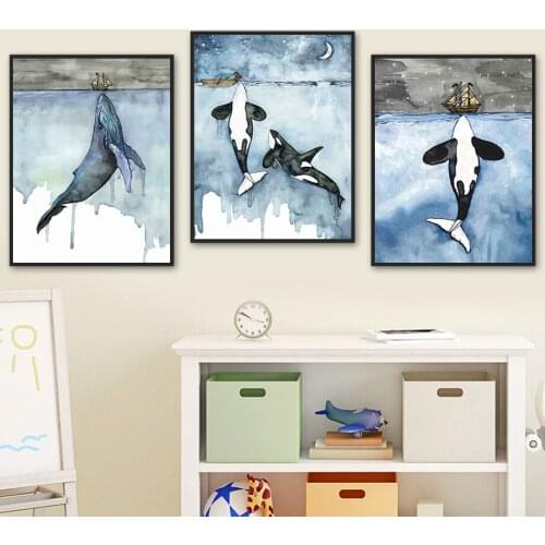 Sea Blue Killer Whale Ship Moon Star Watercolor Wall Art Canvas Painting Nordic Posters And Prints Wall Pictures Kids Room Decor