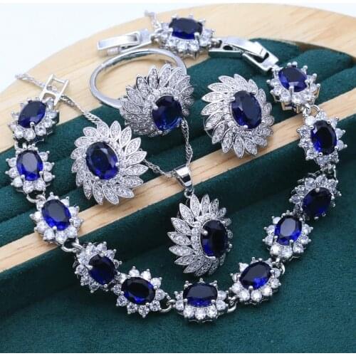 Royal Blue Sapphire Silver Jewelry Set for Women Bracelet Stud Earrings Necklace Pendant Ring Gift