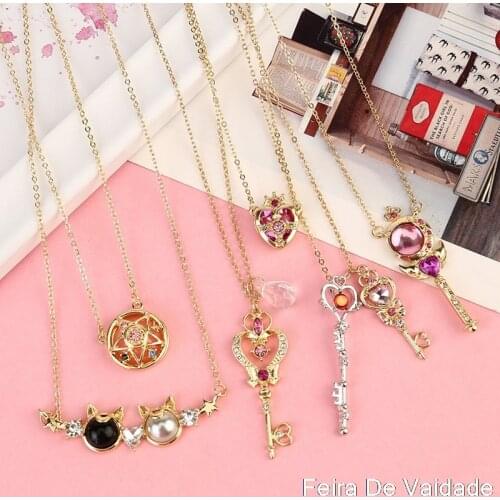 Fashion Anime Sailor Moon Pentagram Moon Necklace Cartoon Crystal Angel Wings Key Pendant Necklace Student Cosplay Daily Jewelry
