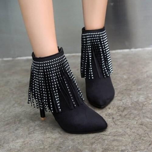 Fashion Winter Ankle Boots Women Short Boots Sexy Fringe High Heels Platform Wedding Party Shoes Womens Plus Size Boots A98-1