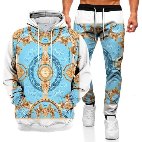 Fashionable Mens Sweater Hoodie Sports Suit 3D Geometric Graphic Printed Casual Loose Long Sleeve Pants Set Two-piece Set
