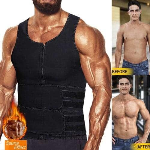Men Neoprene Sauna Zipper Waist Trainer Vest Tank Top Trimmer Body Shaper with Two Belt Workout Zipper Suit Slimming Shapewear