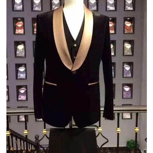 Men Suits Black Groom Tuxedos Shawl Gold Satin Lapel Groomsmen Wedding Best Man ( Jacket+Pants+Bow Tie+Vest ) C681