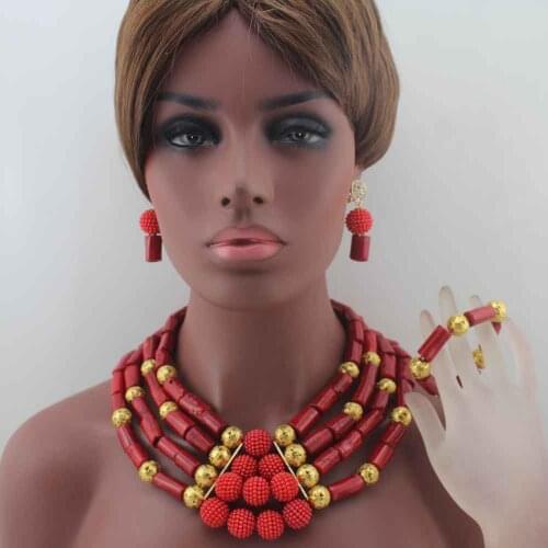 2019 New African Coral Beads Jewelry Set Nigerian Wedding beads Indian Costume Bridal beaded Necklace Set Free Ship W14012