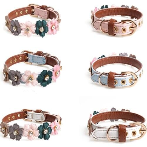 Diamond Pet Cat Dog Collar Flower Chain Perro Leather for Small Middle Chihuahua Pug Spitz Pet Supplies New High Grade