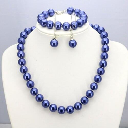 Two color options Dark blue/Blue glass pearl necklace set 12mm necklace 18"bracelet 7.5" earring women hot jewelry making