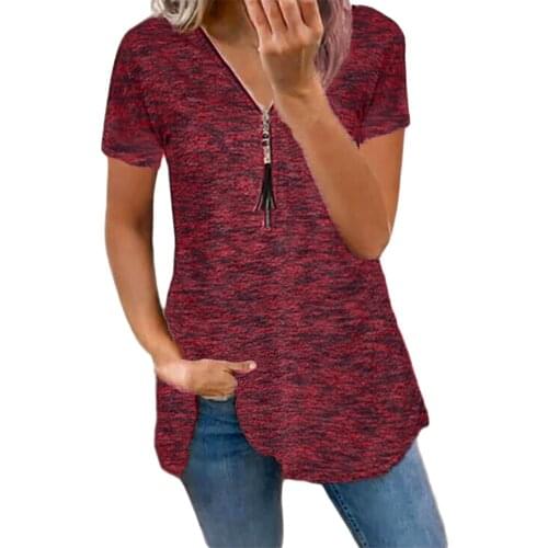 Plus size Womens Tops And Blouses Womens Casual Fashion Solid Tassel Zipper V-neck Short Sleeve Tops Blusas Mujer De Moda 2021