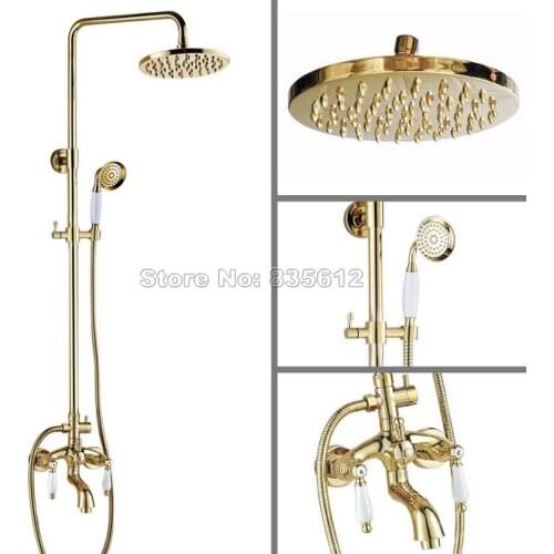 Luxury Dual Ceramic Handles Wall Mounted Bathtub Mixer Tap /Bathroom Gold Color Brass Rain Shower Faucet Set Wgf432