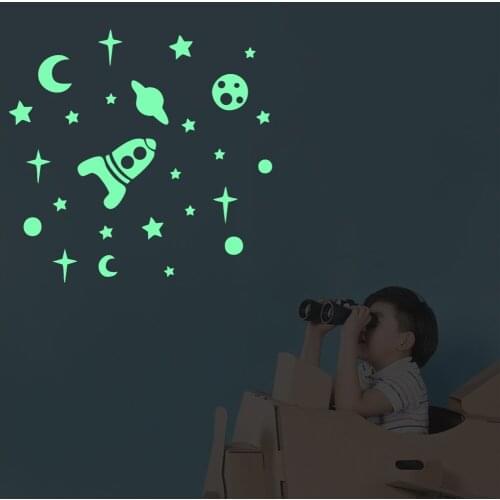 Luminous Outer Space Spaceship Moon Stars Wall Stickers for Kids Baby Rooms Art Mural Home Decor Glow in the Dark PVC Wallpaper