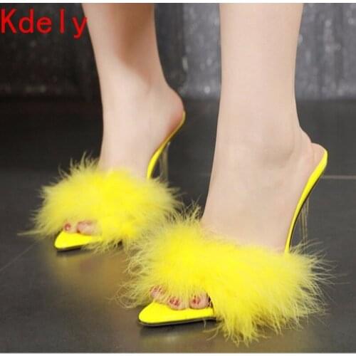 2021 Sexy Summer Fashion Furry Women Pumps Pointed End Slip on Perspex Thin High Heel Slippers Party Dress Ladies Shoes