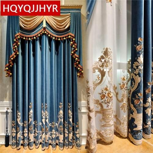 High Quality Velvet Blue Embroidered Blackout Decorative Curtains For Living Room Windows Luxury Custom Bedroom Kitchen Curtains