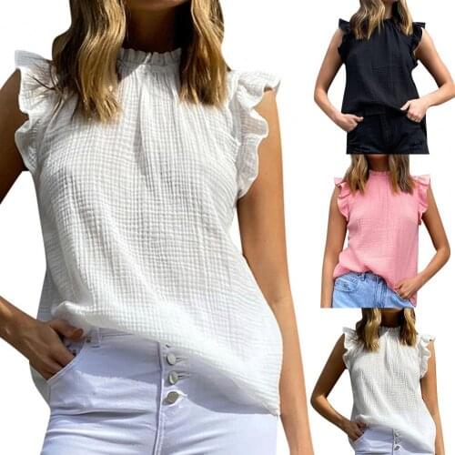 Ruffles Sleeveless Women Blouse Elegant Pleated Turtleneck Summer T-shirt Pullover Top