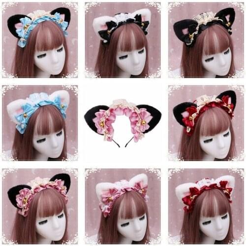 Girls Lolita Headband Furry Cat Ear Bow Tie Lace Ribbon Headdress Bowknot Hairpin Kawaii Cosplay Halloween Hair Accessories